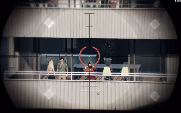 A sniper scope targets three people on a balcony; the crosshairs center on one individual.