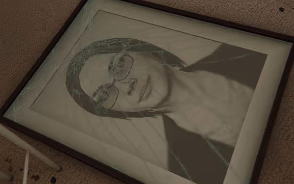 A black-and-white portrait of a woman with glasses in a cracked photo frame.