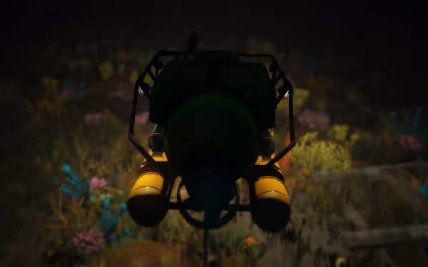 A submersible with yellow tanks explores a dark, colorful underwater scene with coral.