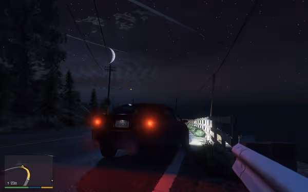 A black car parked on a quiet road at night, with stars and a crescent moon.