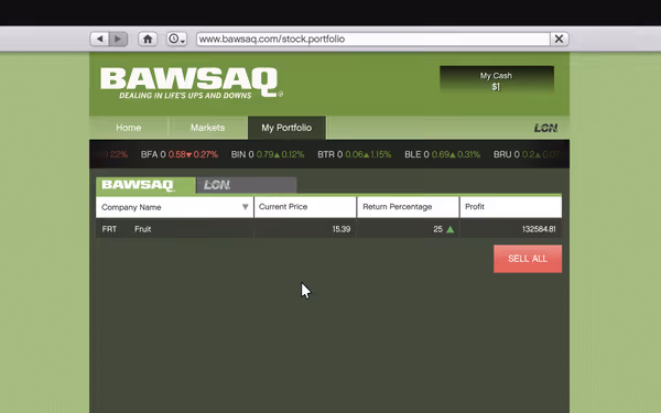 The BAWSAQ stock market interface shows a portfolio with a profit of $132,584.81.