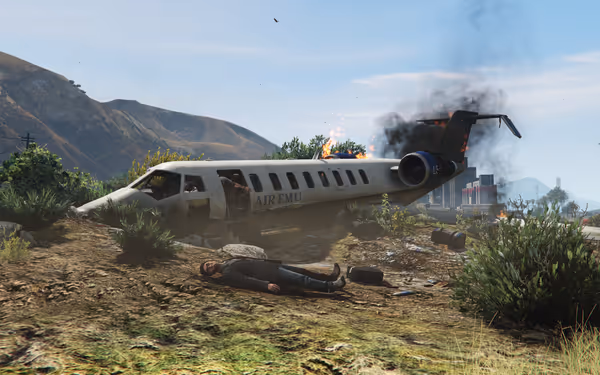 A crashed plane with smoke and fire, a dead person lying nearby on the ground.