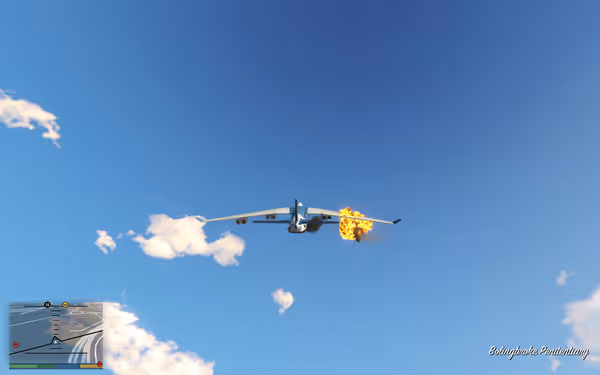 A large airplane with an exploding wing flies in a blue sky above Bolingbroke Penitentiary, shown with a minimap inset.