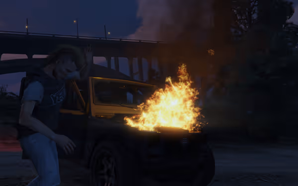 Car engine engulfed in flames while person with green hair flees in distress.