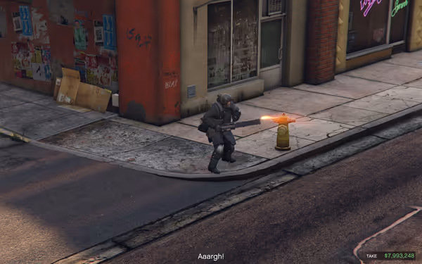 A soldier crouches firing at a fire hydrant on an urban street corner.