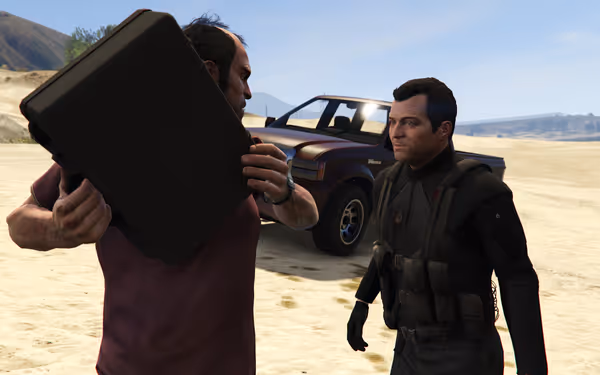 Two men stand on a sandy area, one holding a black briefcase aggressively.