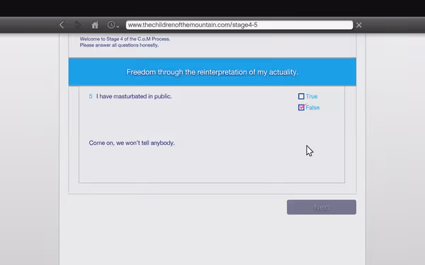 A webpage displays a questionnaire with a selected false answer and a visible URL.