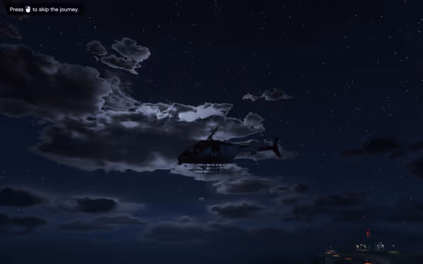 A helicopter flies through a starry night sky surrounded by dark clouds.