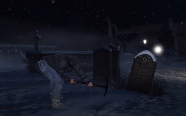 A person in a hooded jacket digs with a pickaxe at a snowy grave labeled Michael Townley.