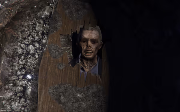A menacing zombie-like figure with decayed skin stares through a jagged hole in wood.