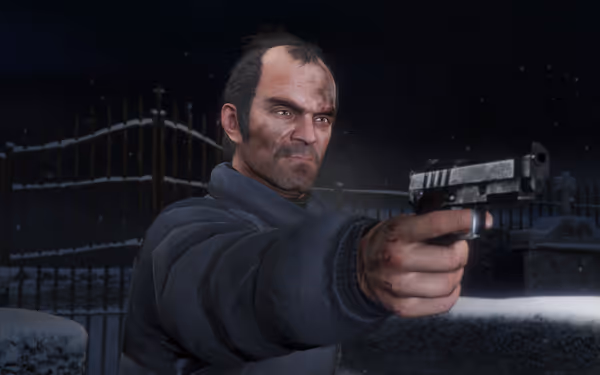 A man in a blue coat aims a pistol at the camera in a snowy night scene with a fence