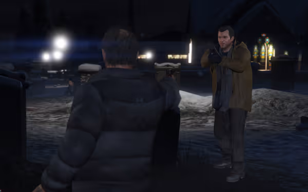 A nighttime standoff between two men with guns in a snowy graveyard, one aiming and one defending.