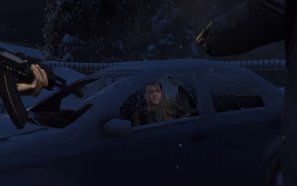 A man in a car is threatened by another holding a rifle in a snowy night scene