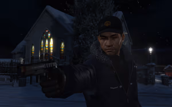 A man in a black coat and cap aims a pistol in a snowy night scene with a church and stained glass window