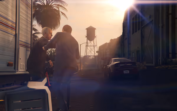 Two men hurry beside an RV at sunrise, a car and water tower in background.