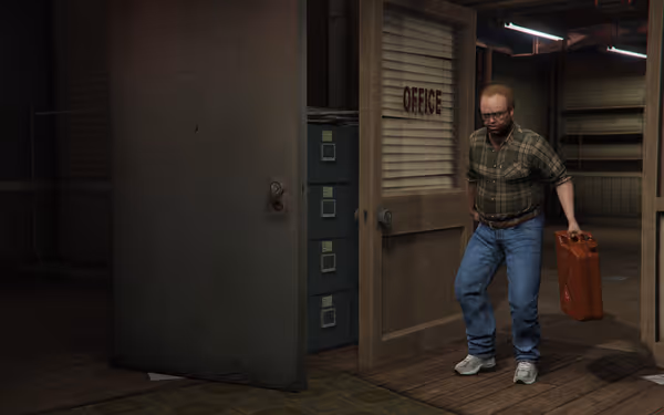 A man in glasses and plaid shirt exits an office carrying a red fuel can.