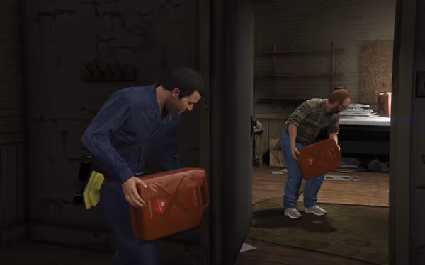 Two men carry red gas cans inside a dimly lit, cluttered building with peeling walls.