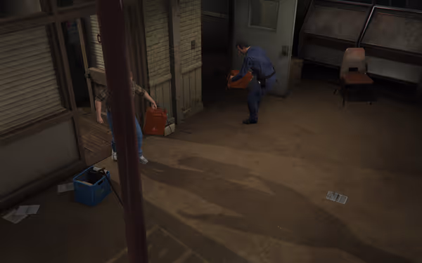 Two men pour gasoline from cans onto the floor of a dimly lit, messy room.