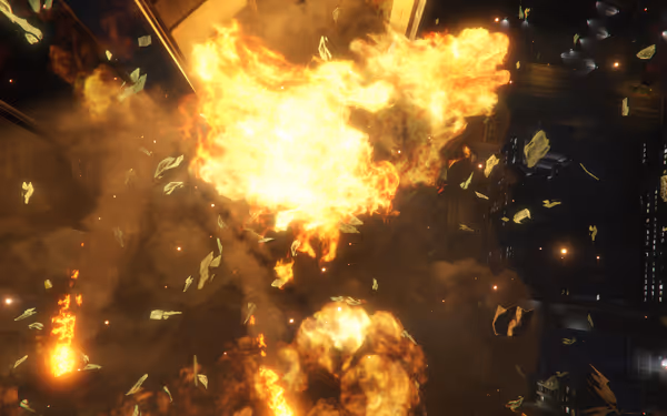 A massive fiery explosion with debris and money flying through the air at night.