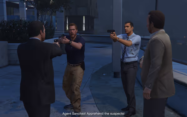 Three men with guns confront each other outside at night, another man observes the scene.