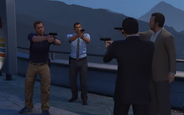 Four men stand on a balcony, two in suits, all pointing handguns at each other.