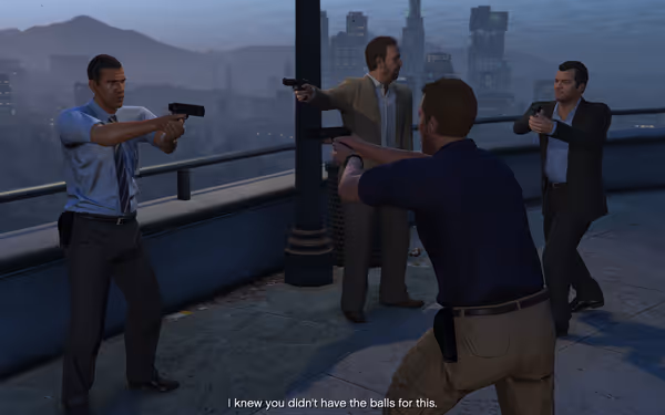 Four men with guns pointed at each other on rooftop, city skyline visible, tense standoff.