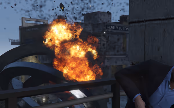 A massive explosion with fire and debris erupts near a building, man in suit on right.