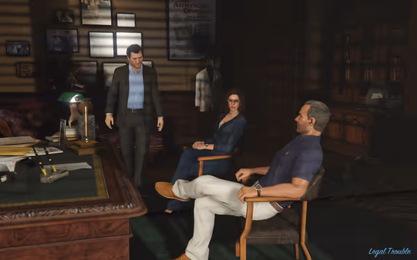 Three people in business attire have a meeting inside a dimly lit, wood-paneled office.