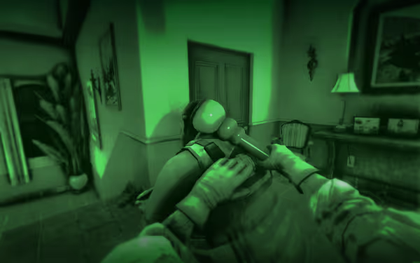 The image shows a soldier using night vision, subduing a suspect with a baton.
