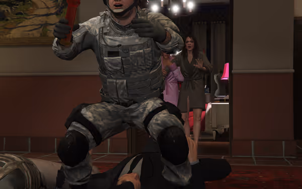 A soldier in camo restrains a man on the floor while two women look shocked nearby.