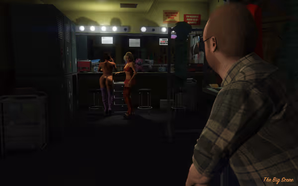 A man watches two women in revealing outfits talking in a brightly lit dressing room.