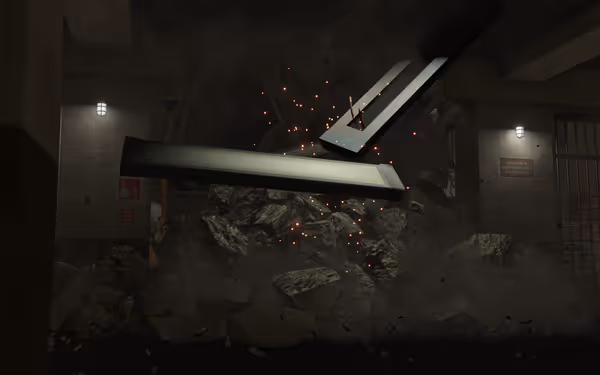 Dust and debris fill a room after an explosion, with fallen lights and scattered broken rocks.