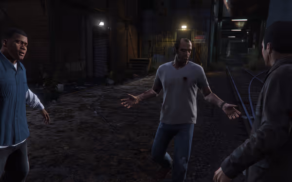 Three men stand outside at night on a muddy ground, one wearing a white shirt stained with blood.