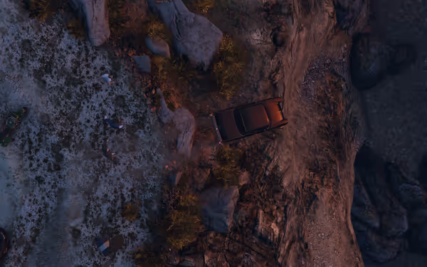 A black car is parked on rocky terrain with three people and a green motorcycle nearby.