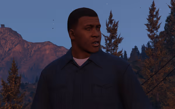 A man in a dark jacket stands outside at dusk, mountains and trees in the background.