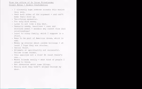 The image shows a confidential client note from Dr. Isiah Friedlander, describing a patient's behavior and traits.