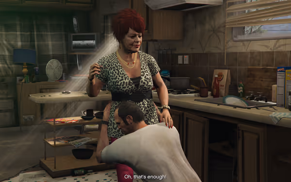 A woman in leopard print stands in a kitchen as a man hugs her waist.