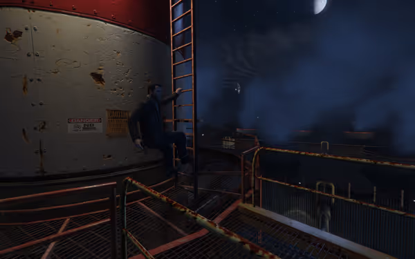 A man climbs a tall metal ladder next to a large rusty tank at night.