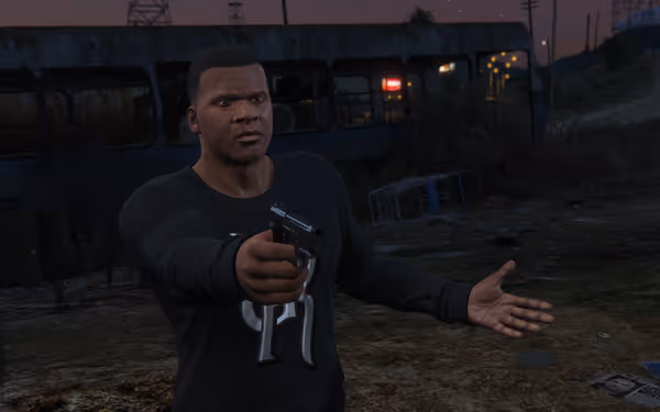 A man in a black shirt aims a handgun with a tense expression outdoors.