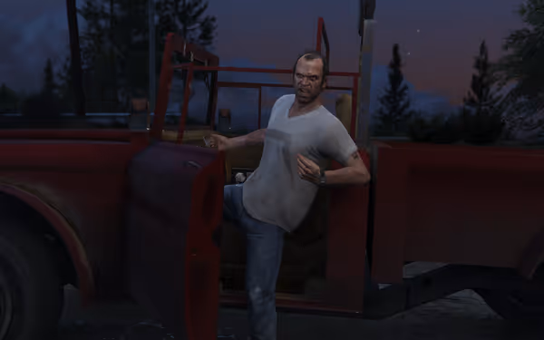 A man in a white shirt exits a red, damaged vehicle, appearing agitated.