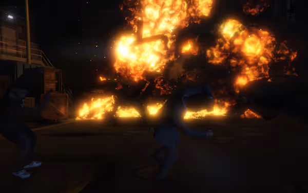 Two men run away as a huge fireball explosion erupts at night.