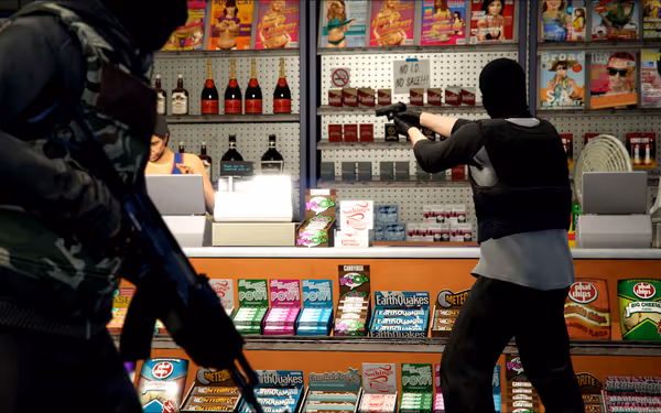 Armed person in store approaches cashier and customer during an apparent robbery.