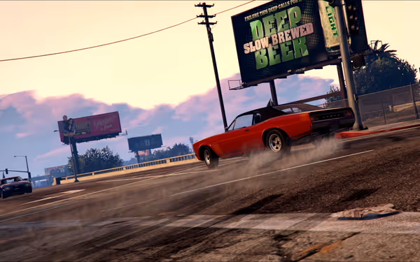 A red muscle car drifts at an intersection, leaving tire smoke near a "Deep Beer" sign.