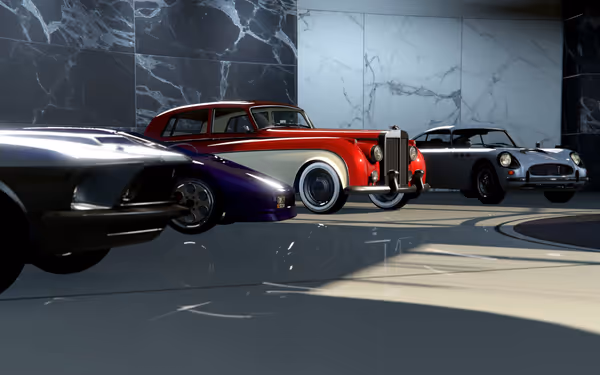 Four classic cars in a showroom with marble walls, one is red and cream.