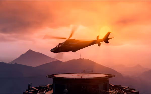 A helicopter flies against a sunset backdrop, above a mountain and helipad.