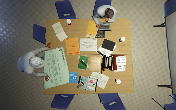 Two people sit at a table covered with blueprints, documents, and coffee cups.