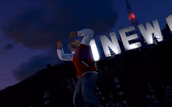 A werewolf in a red jacket poses in front of large illuminated sign at night.