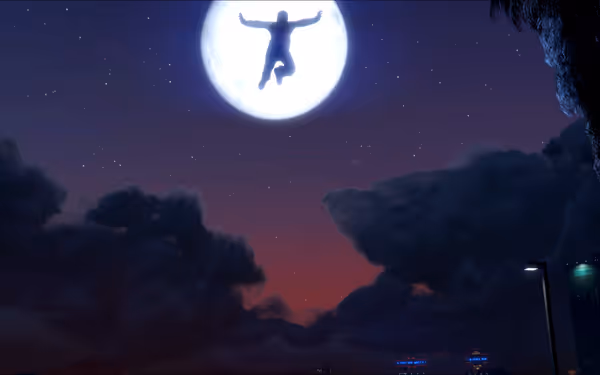 A silhouetted person leaps toward a large full moon in a starry purple night sky with clouds and city lights below