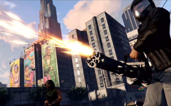 A person fires a minigun while another holds a rifle, with city buildings in the background.