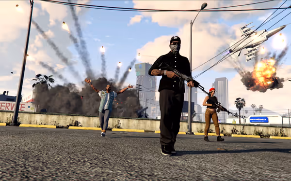 Three armed people walk away from explosions and a crashing jet in a city street.